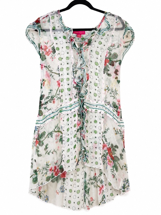 Mystery Tops - Vintage Mystery Dainty Floral Ruffles Acrylic Button Tunic Blouse Medium